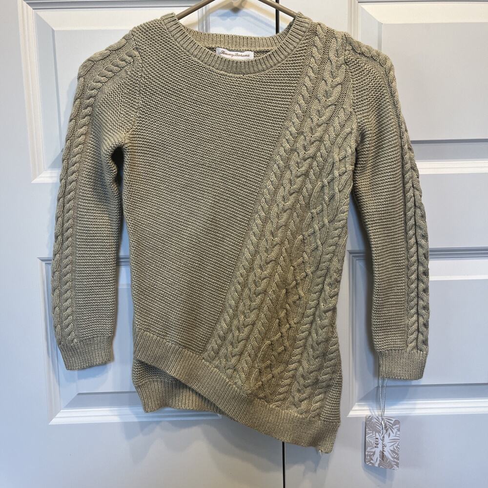 NEW Tommy Bahama Girls Sweater Size M 7/8 Cable Knit Tan Metallic Asymmetrical